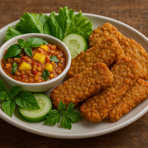 Tempe krispi renyah dengan sambal kacang dan potongan mangga muda — resep Tempe Krispi DapurAwit.