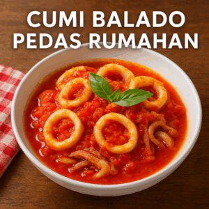 Cumi balado pedas rumahan disajikan dalam mangkuk putih dengan saus merah balado yang menggugah selera di atas meja kayu.