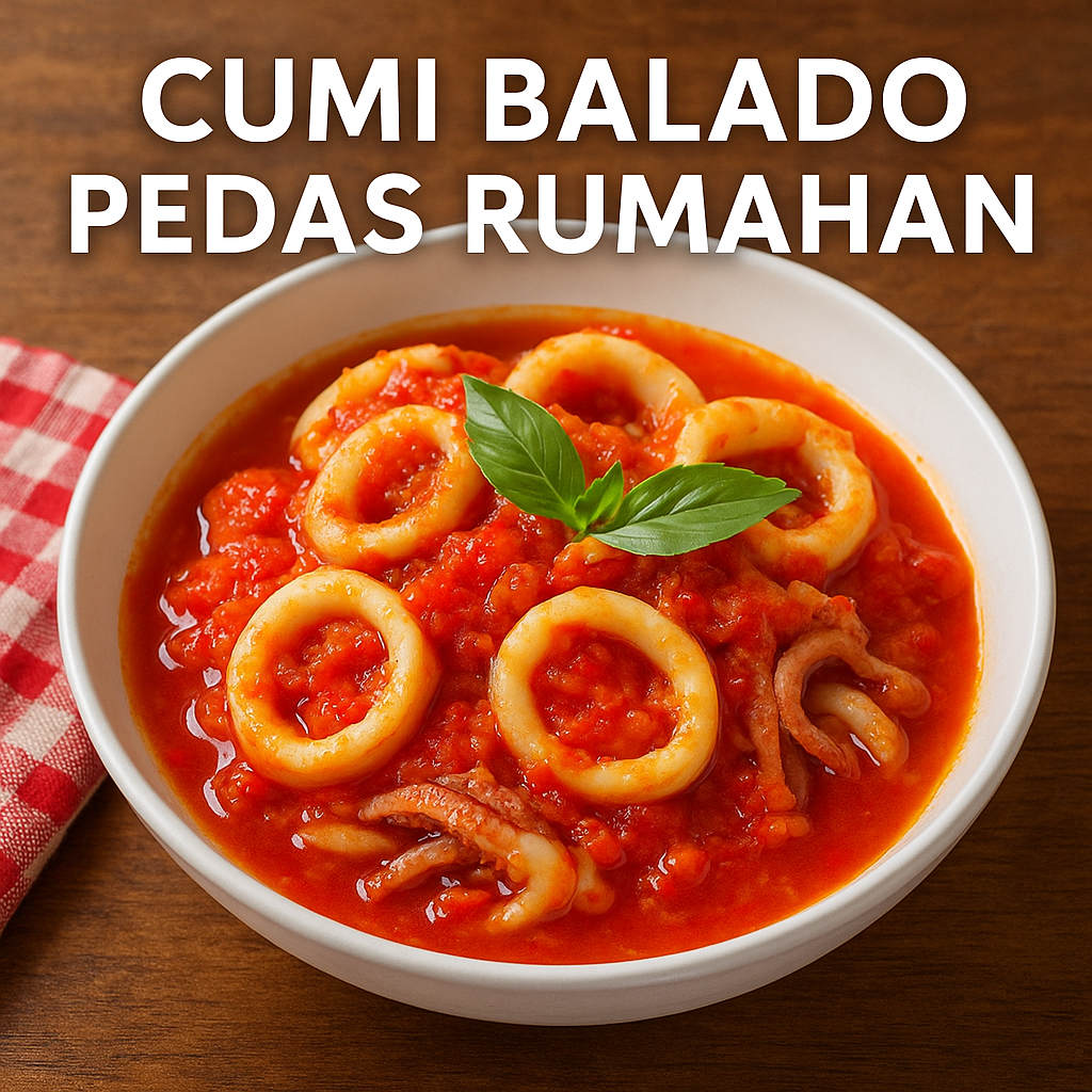 Cumi balado pedas rumahan disajikan dalam mangkuk putih dengan saus merah balado yang menggugah selera di atas meja kayu.