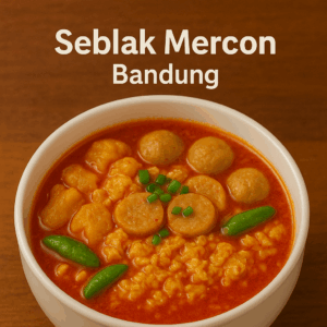 Semangkuk seblak mercon Bandung dengan kuah merah pedas gurih, bakso, kerupuk, telur orak-arik, dan potongan daun bawang di atas meja kayu.