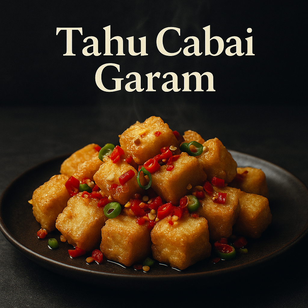 Tahu cabai garam crispy disajikan di atas piring gelap dengan taburan cabai dan daun bawang, bergaya aesthetic.