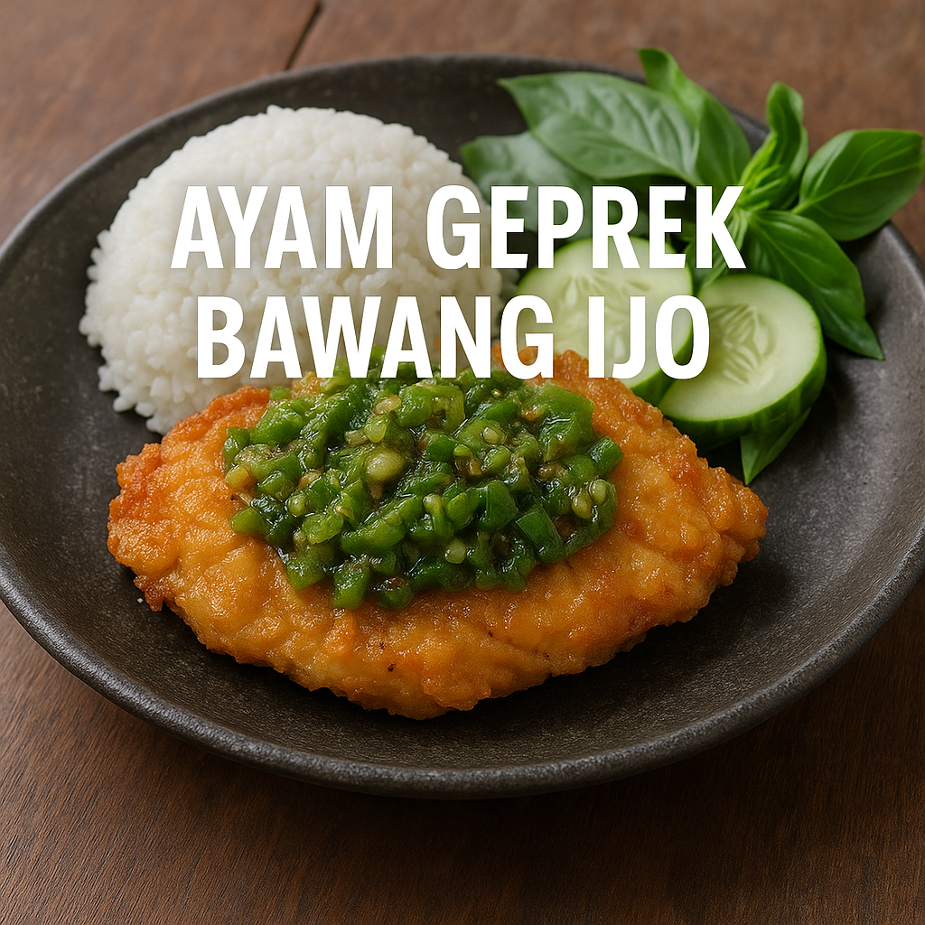 Ayam geprek bawang ijo disajikan di piring hitam bersama nasi putih, timun, dan daun kemangi, dengan teks “AYAM GEPREK BAWANG IJO” di atasnya.