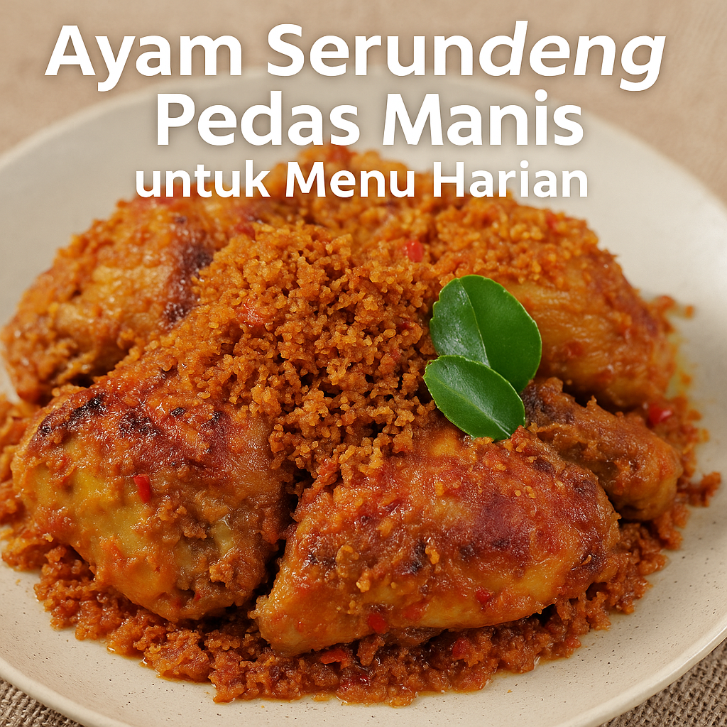 Ayam serundeng pedas manis dengan taburan kelapa renyah dan judul resep pada gambar sebagai inspirasi menu harian